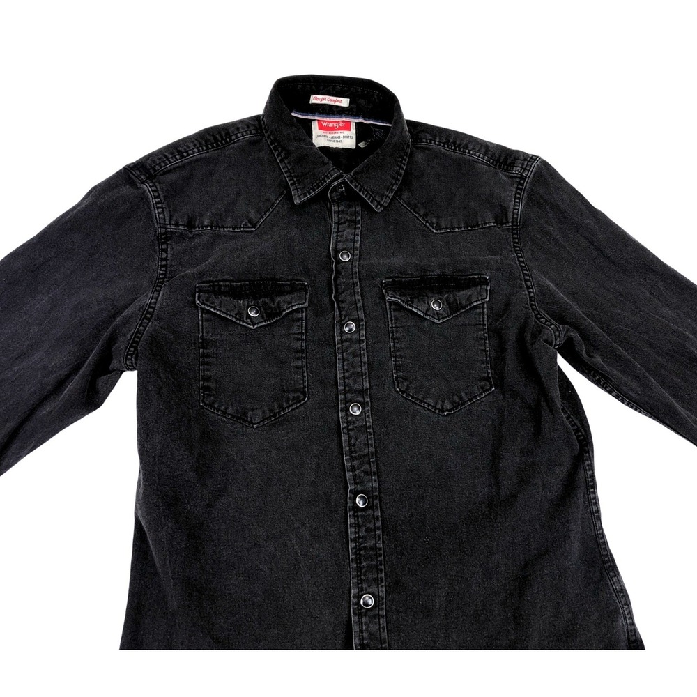 Wrangler Mens Flex for Comfort Black Fade Denim Western Pearl Snap Shirt Medium - Picture 6 of 7